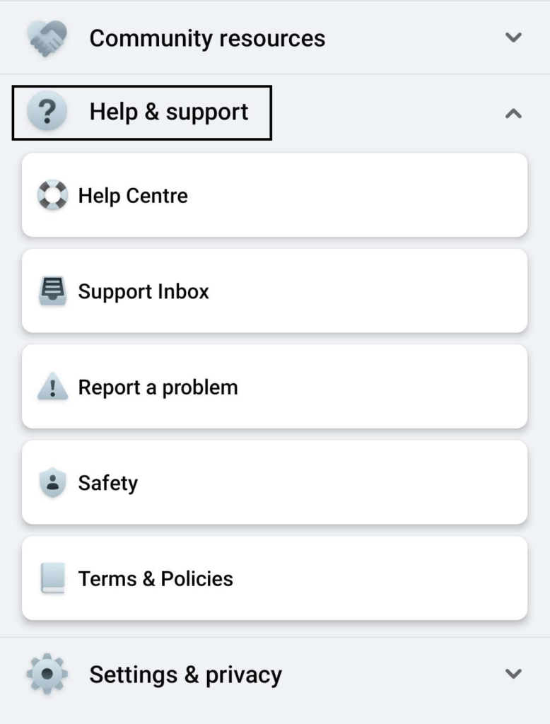 Report a problem to Facebook through help and support on mobile to fix Facebook comments not loading