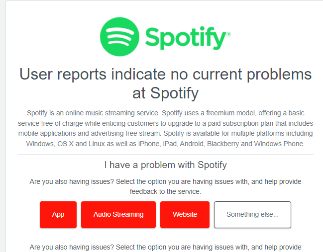 Check the Spotify server status to fix Spotify song radio not working