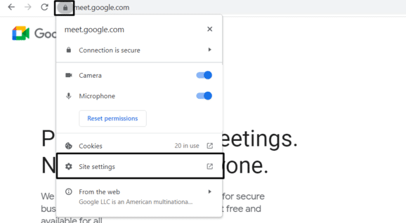Allow microphone access for the Google Meet website on desktop