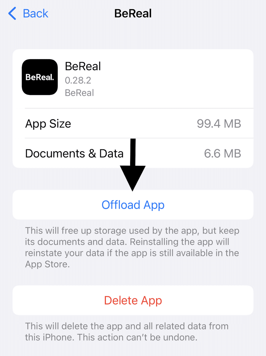 Clear the BeReal app cache and data on iPhone