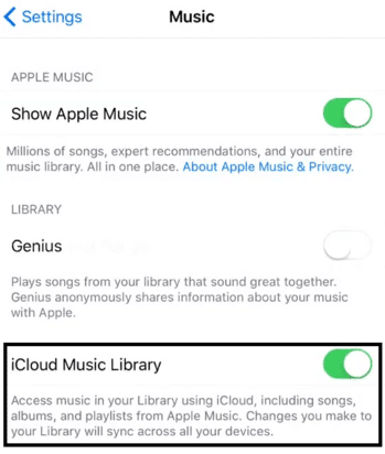 Enable the iCloud music library feature