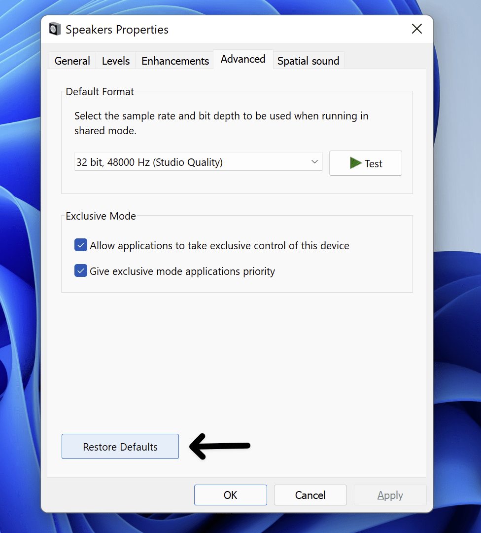 Change the Sound Device to its Default Settings to reset all audio settings on windows 11