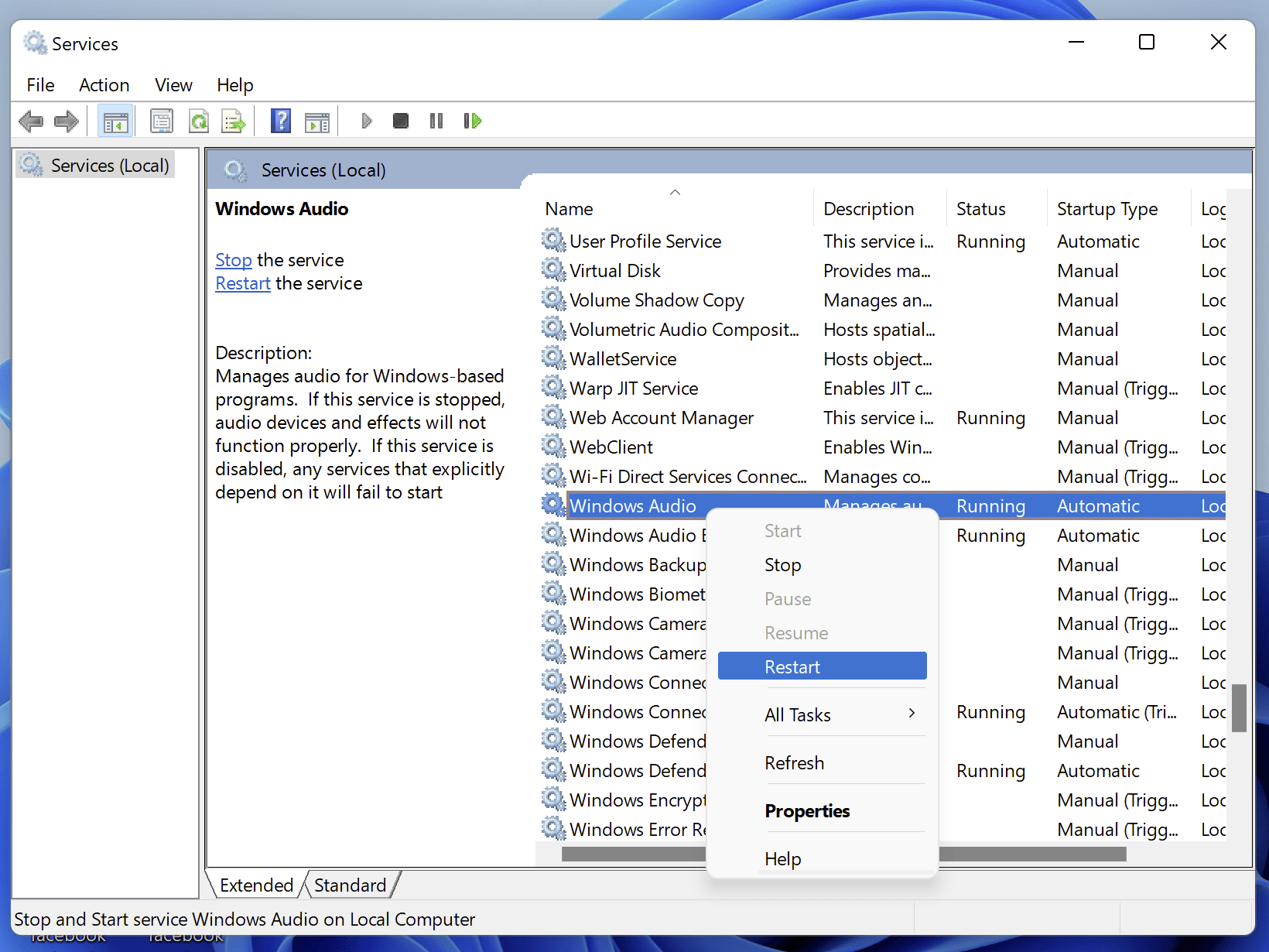 Reset the Windows Audio Services of your system to reset all audio settings on windows 11