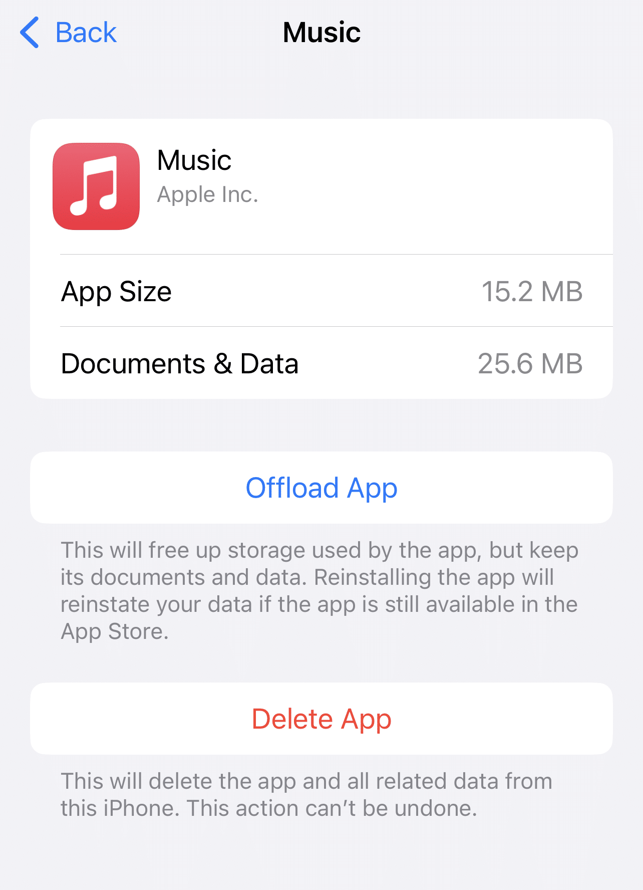 Delete Apple Music cache by offloading or reinstall app on iOS by selecting Delete App to fix Apple Music library or playlist not loading, syncing or updating