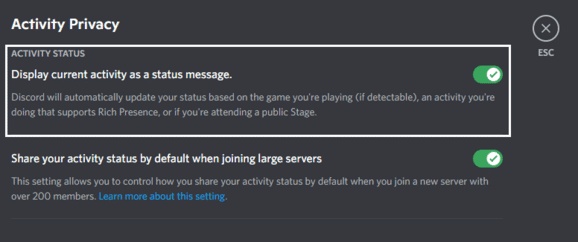 Turn off game status on Discord