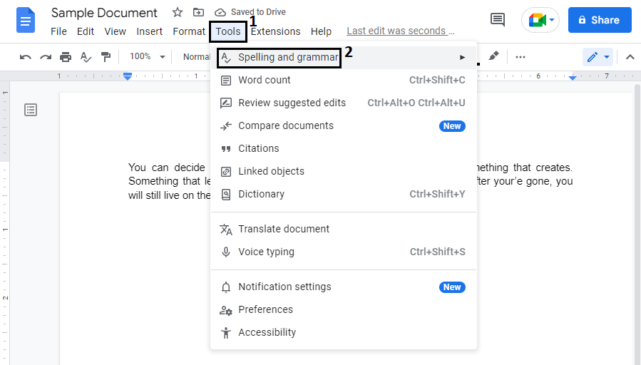 Turn on spell checker function in Google Docs to fix Google Docs spell check not working