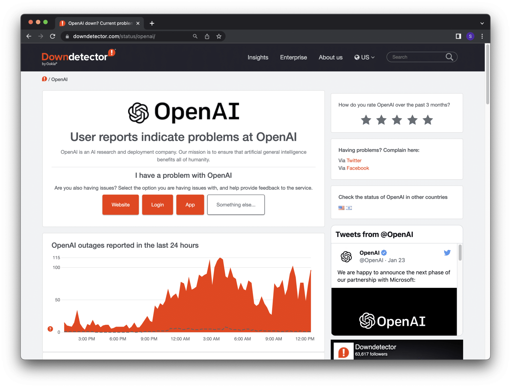 check the OpenAI or ChatGPT server status through Downdetector to fix ChatGPT not working, loading, opening, or responding