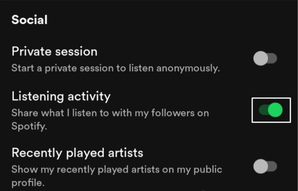 Ensure the 'Share my listening activity on Spotify' option is enabled on mobile