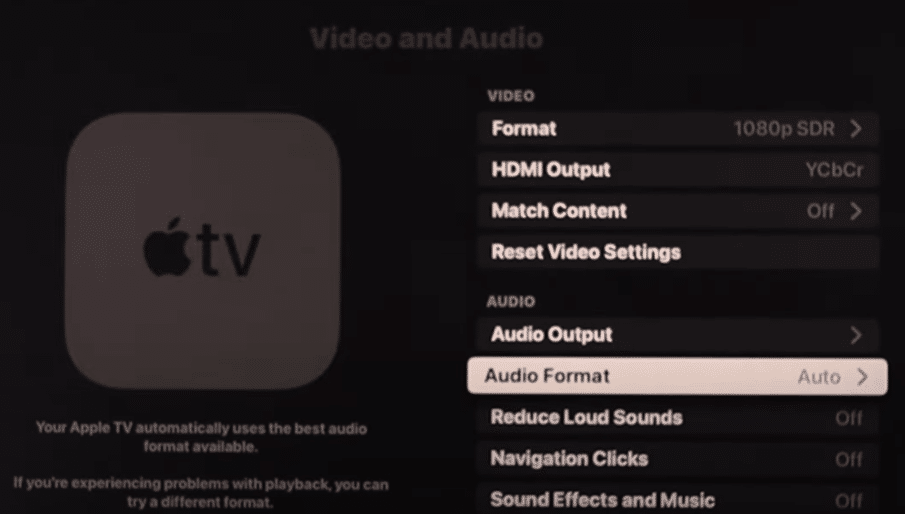 Check the audio settings to fix Apple TV no sound, audio, or volume not working or playing
