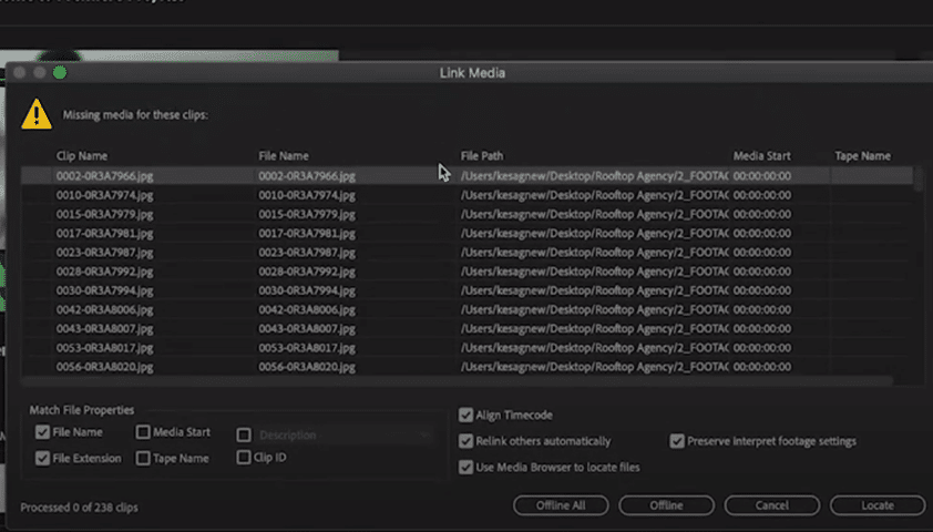 Locate the original files to fix the Media Offline error on Adobe Premiere Pro