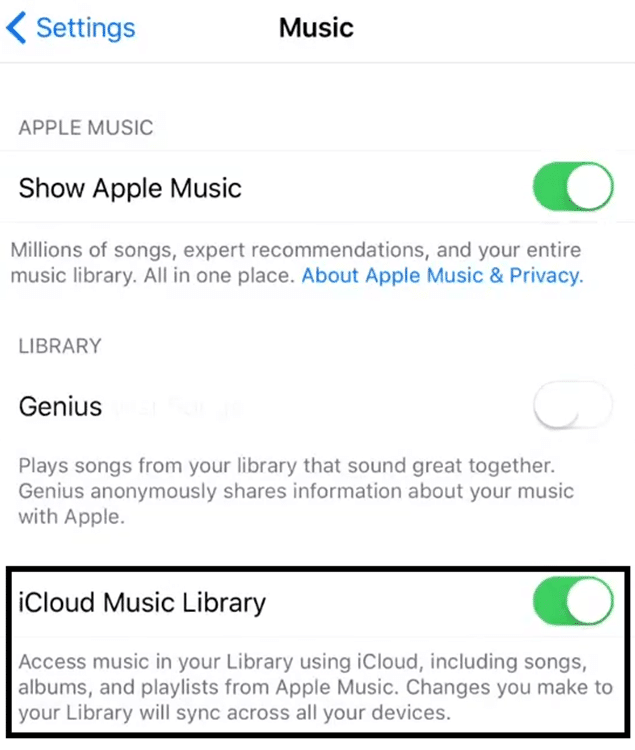 Go to the setting app on your smartphone and search for music and  tap on it  to turn sync library for Apple Music