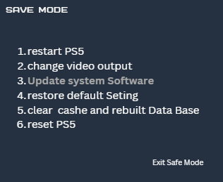 Use the PS5 safe mode to restart your console to fix LAN cable is not connected to PS5 error