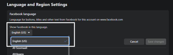 Change your account language/region in Facebook on desktop