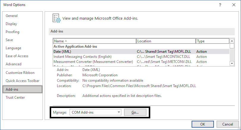 Disable other add-ins in Microsoft Word