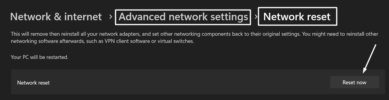 Reset the device's network settings on desktop