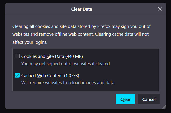 Clear web browser cache on Mozilla Firefox to fix TIDAL can't log in or sign in, Something Went Wrong, Login Failed, Network Error