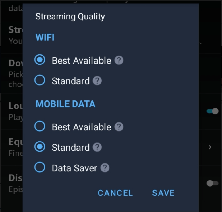 Change Amazon Music Streaming Quality on Android Devices to fix Amazon Music keeps stopping, not working, connecting, or playing songs