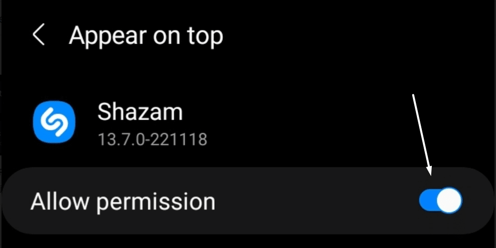 Allow Shazam app to draw over other apps on Android to fix Shazam music recognition not working, app issues and problems, and crashing on Android