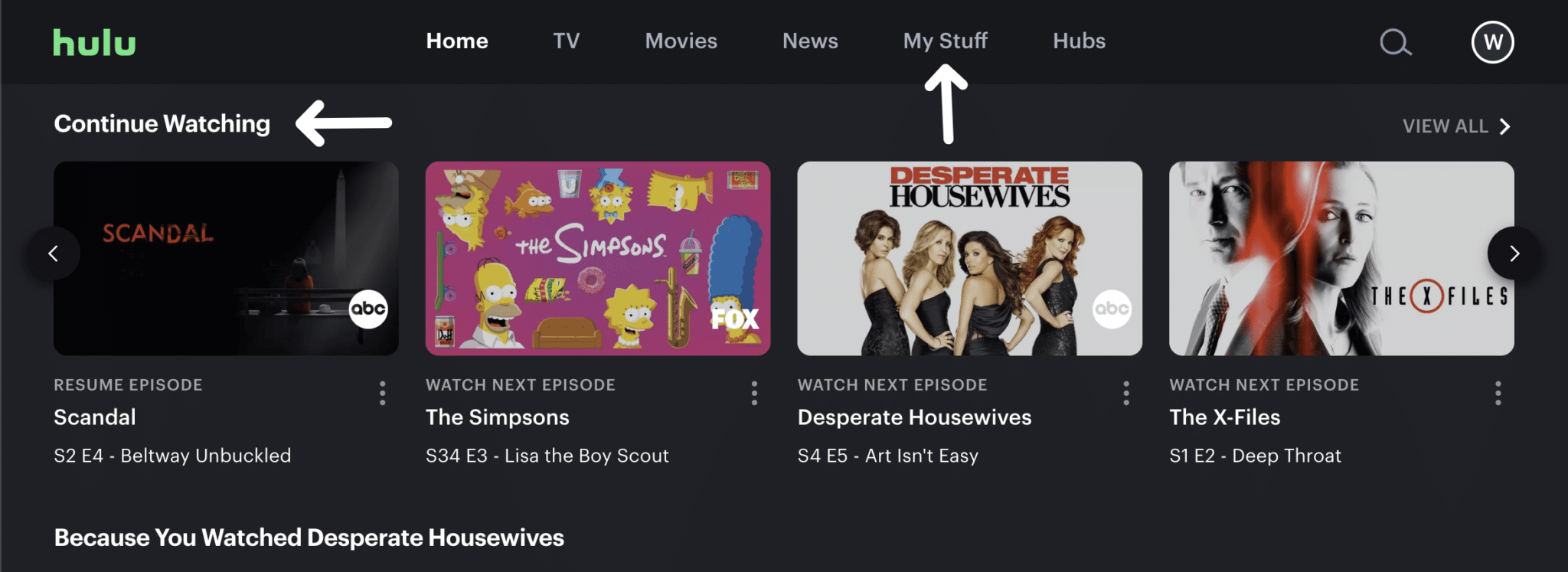 Hulu "Keep Watching" or "My Stuff" list