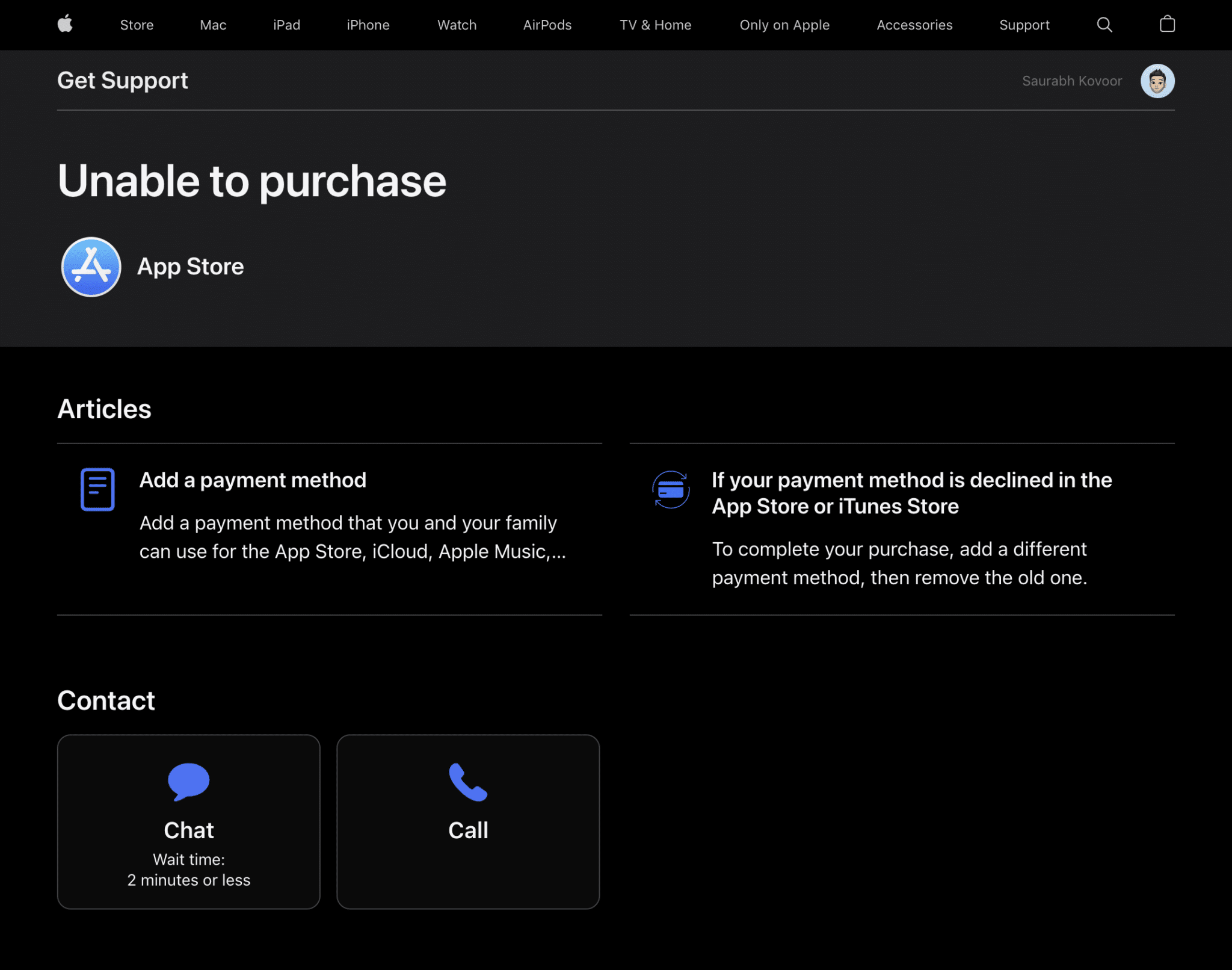 Contact Apple Support through the official support page to fix Apple App Store “Payment Not Completed” or “Your Purchase Could Not Be Completed” errors on iPhone, macOS, or iPad