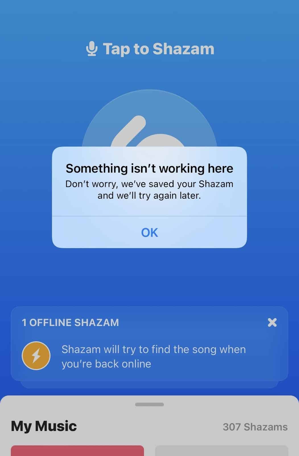 Shazam Something isn't working here error