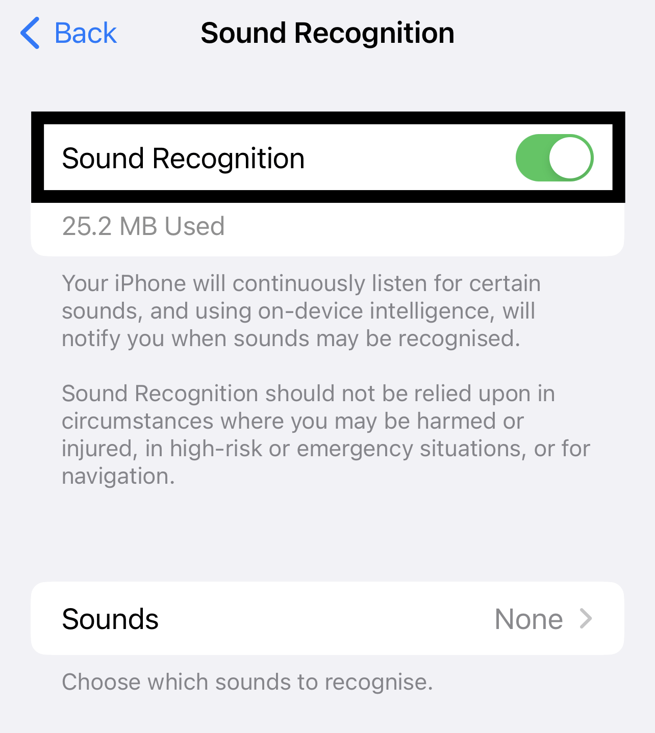Turn on sound recognition on iPhone or iOS to fix Shazam music recognition not working, app issues and problems, and crashing on iPhone