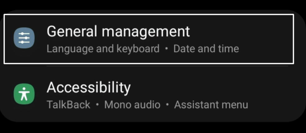 access General management settings on Android to reset network settings to fix Shazam music recognition not working, app issues and problems, and crashing on Android