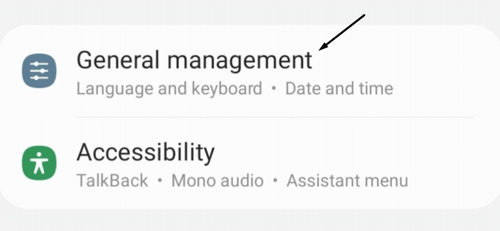 access General management settings on Android to reset device to fix Shazam music recognition not working, app issues and problems, and crashing on Android