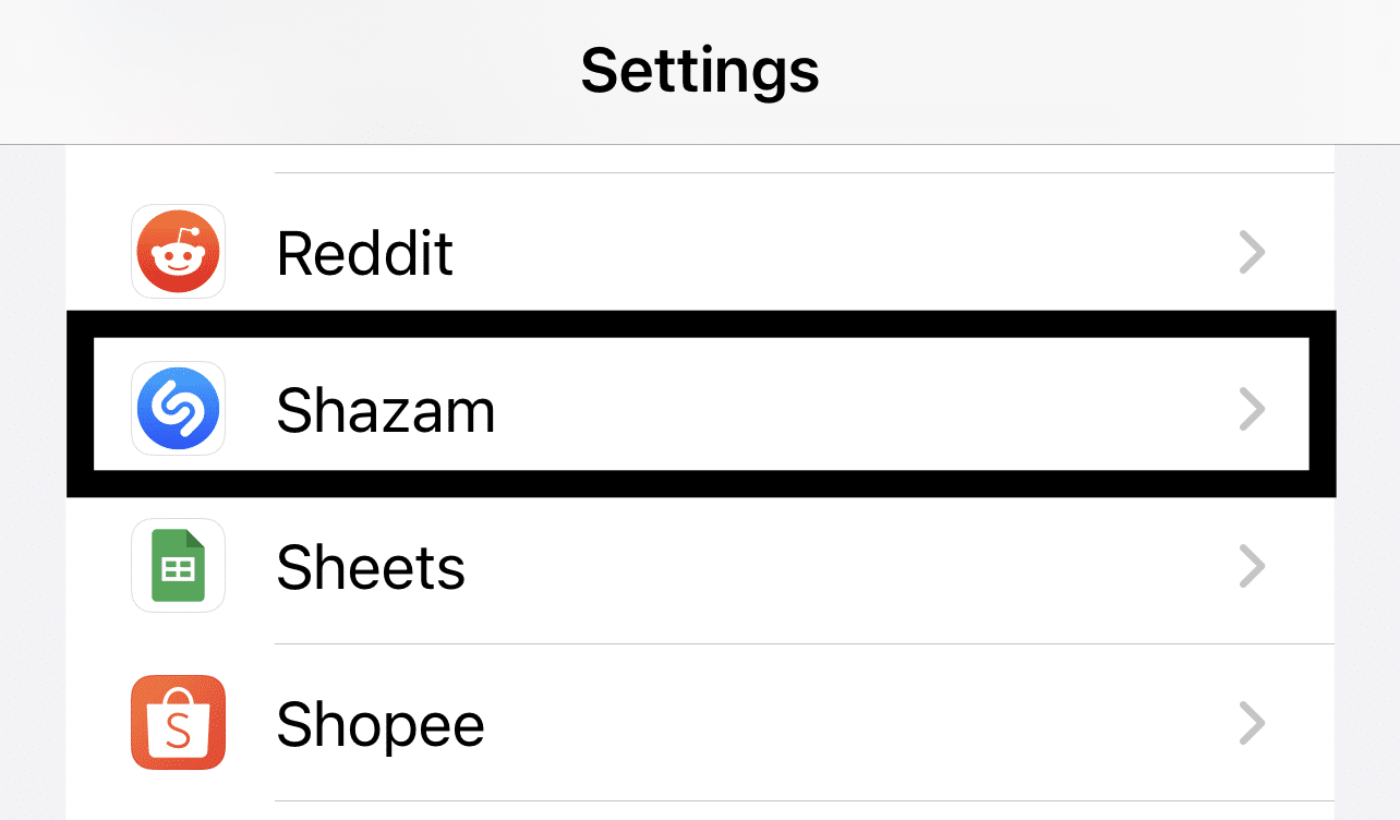 access Shazam app settings through system settings on iOS to fix Shazam music recognition not working, app issues and problems, and crashing on iPhone
