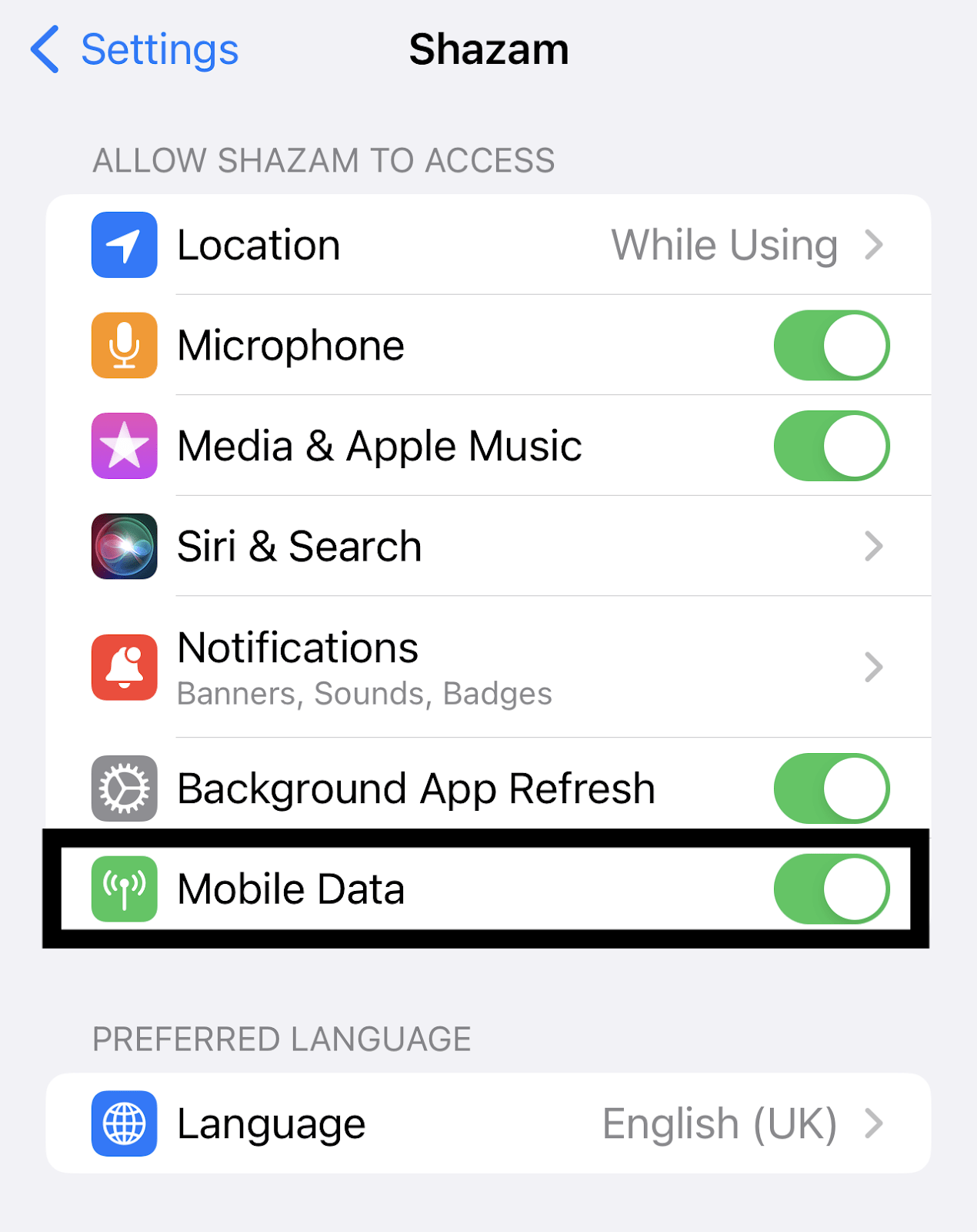 allow mobile data for Shazam app on iOS to fix Shazam music recognition not working, app issues and problems, and crashing on iPhone