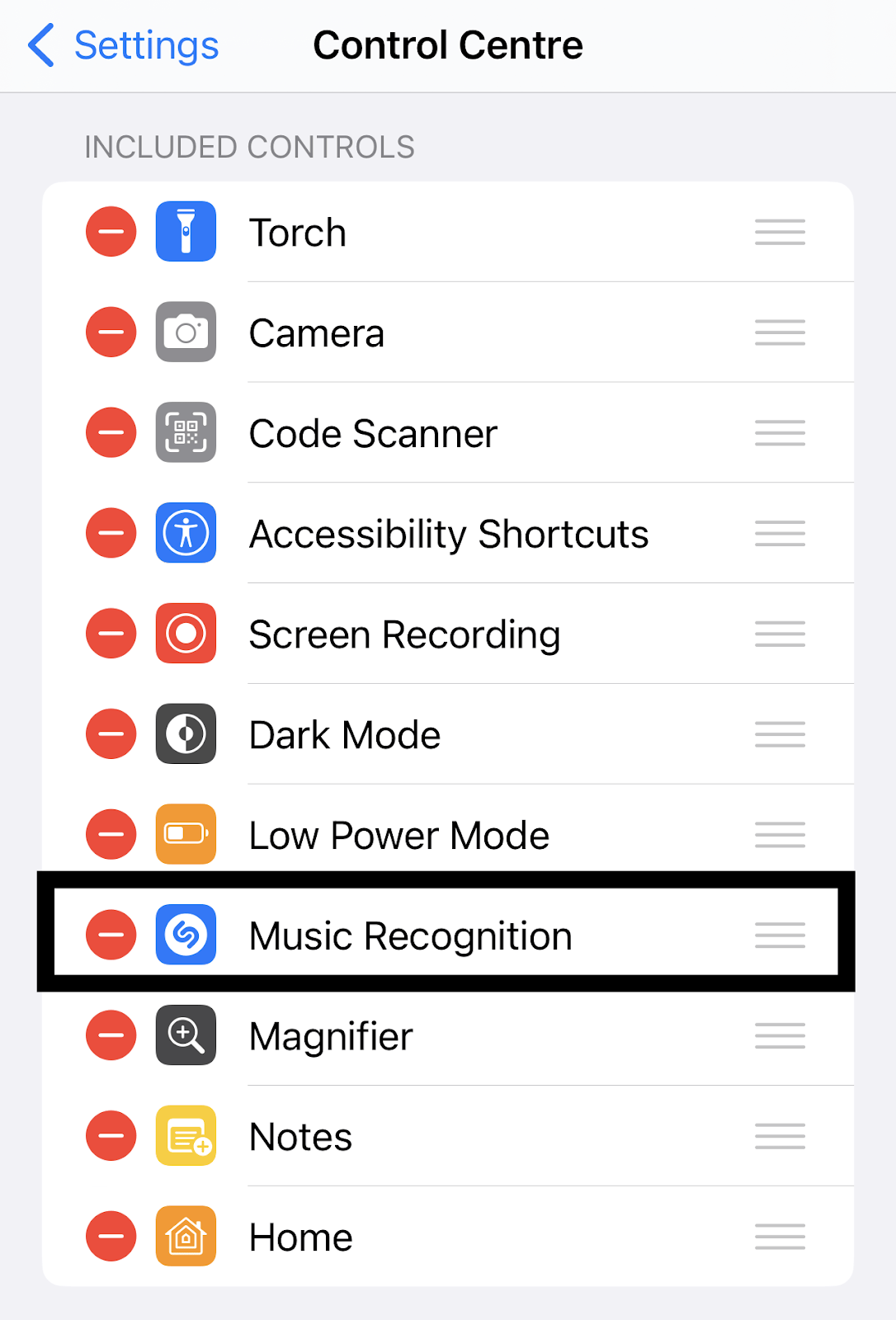 edit Control Centre on iOS to re-add music recognition toggle to fix Shazam music recognition not working, app issues and problems, and crashing on iPhone
