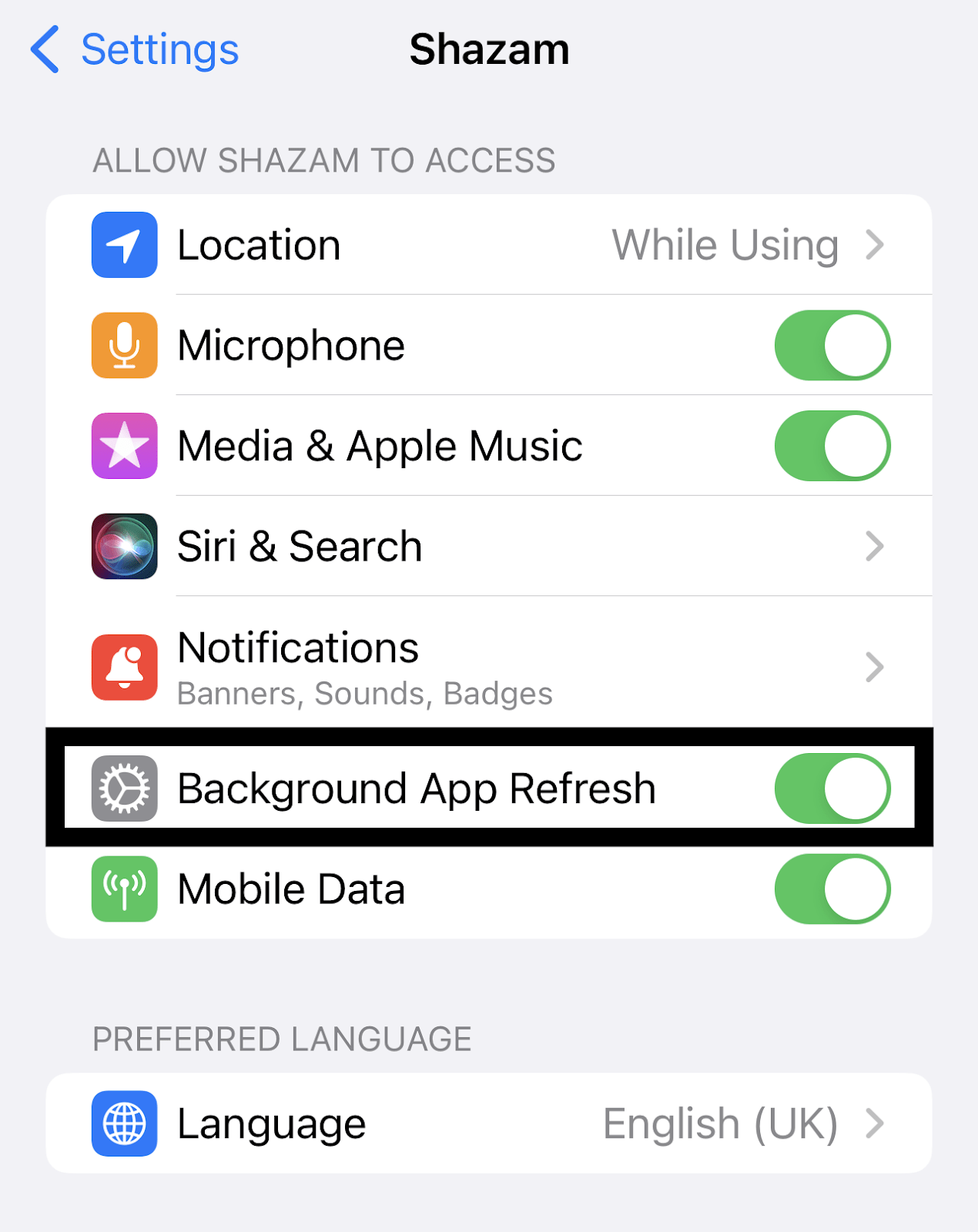 enable background app refresh for Shazam app on iOS to fix Shazam music recognition not working, app issues and problems, and crashing on iPhone