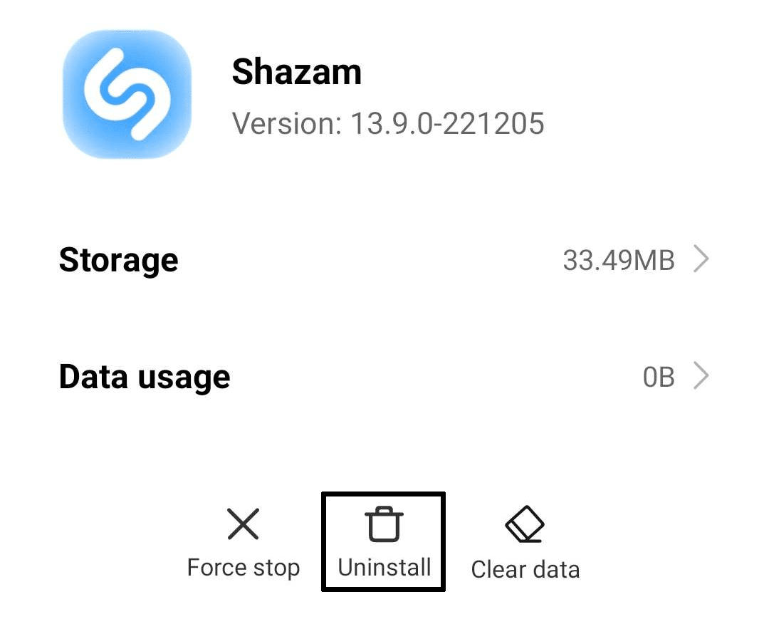uninstall Shazam app on Android and reinstall it to fix Shazam music recognition not working, app issues and problems, and crashing on Android
