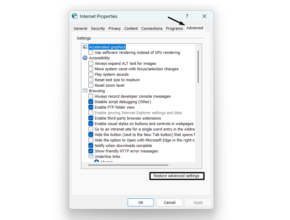Reset the PC's internet settings on desktop