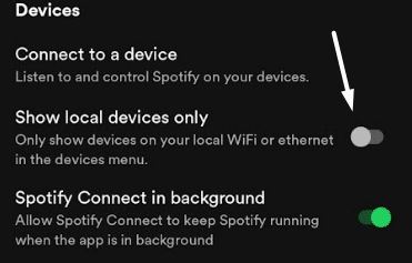 Switch off the show local devices only option on your smartphone to fix Spotify Connect not working Issue