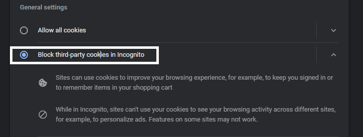 Enable cookies for your internet browser Google Chrome to fix Amazon website not working, opening, loading properly