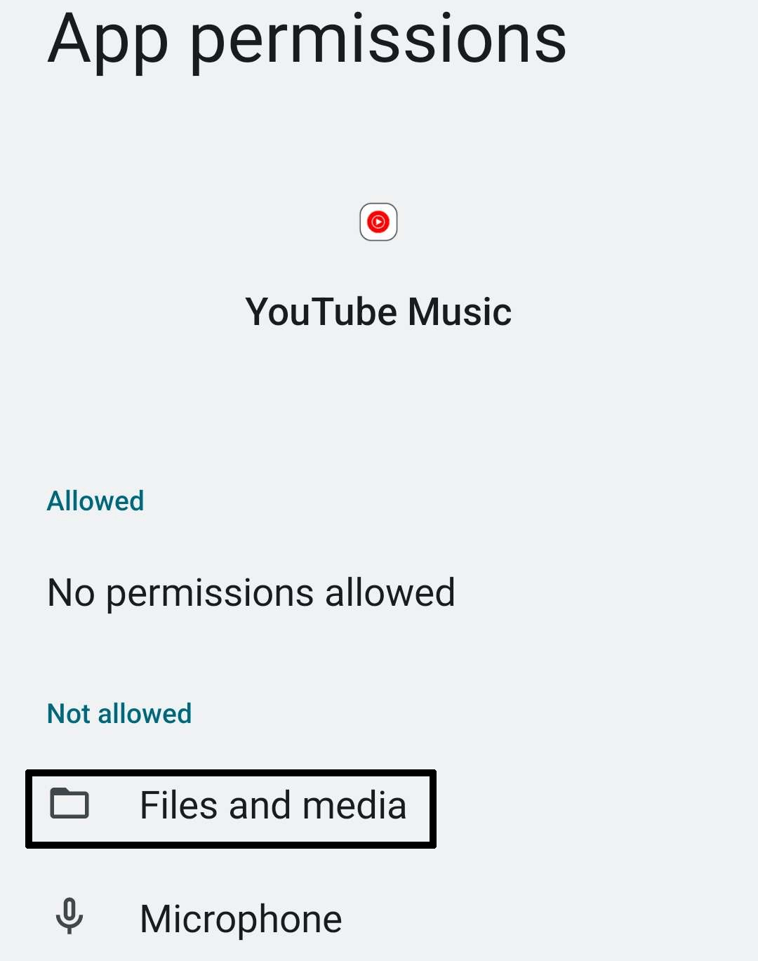 allow YouTube Music app permission to Files and Media on Android through system settings