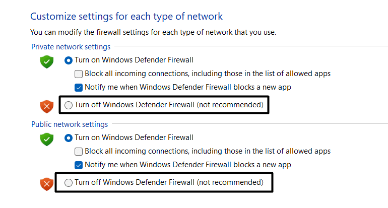 Disable Windows defender firewall on desktop to fix Slack microphone, audio issues or sound not working or playing