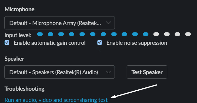 Run an audio, video, and screen-sharing test on desktop to fix Slack microphone, audio issues or sound not working or playing