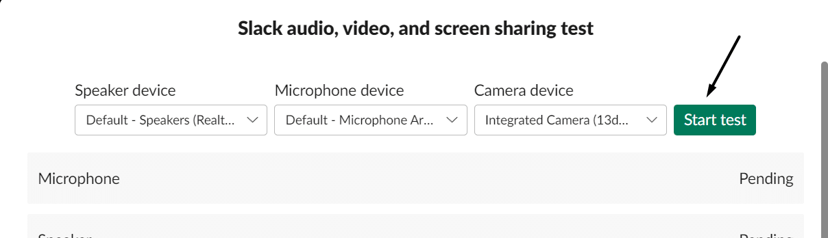Run an audio, video, and screen-sharing test on desktop to fix Slack microphone, audio issues or sound not working or playing