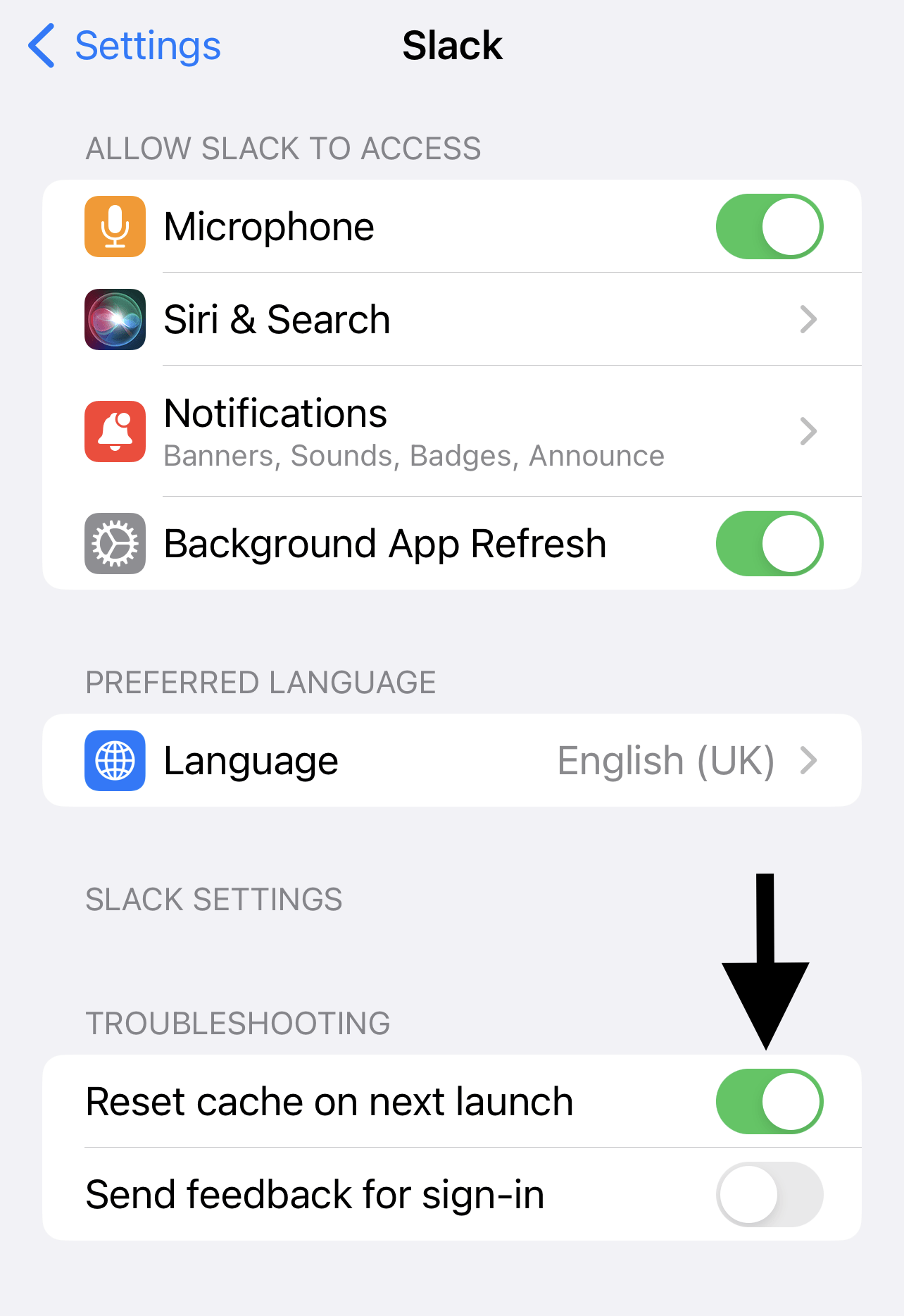 Clear the app cache and reset data on mobile to fix Slack microphone, audio issues or sound not working or playing