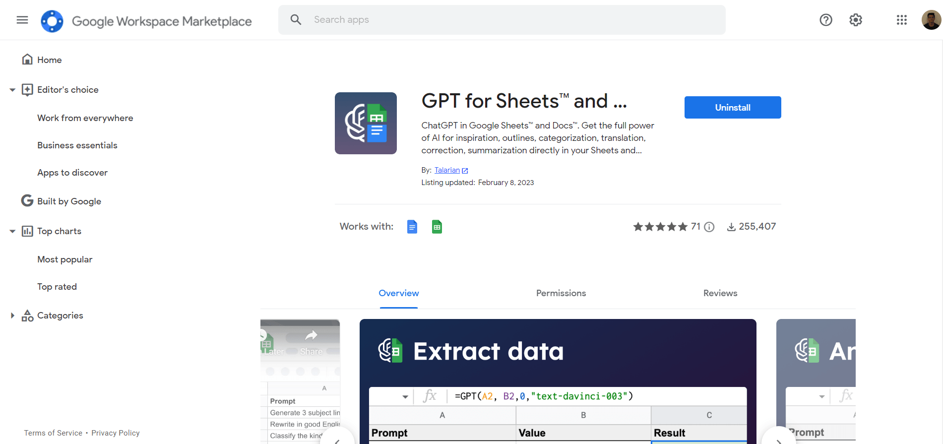 Add ChatGPT to Google sheets Using GPT for Sheets and Docs extension to use ChatGPT with google docs, sheets, and slides