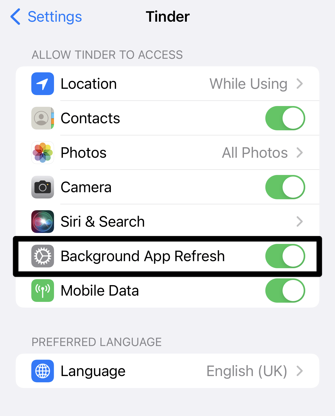 Give the Tinder app permissions to run in the background