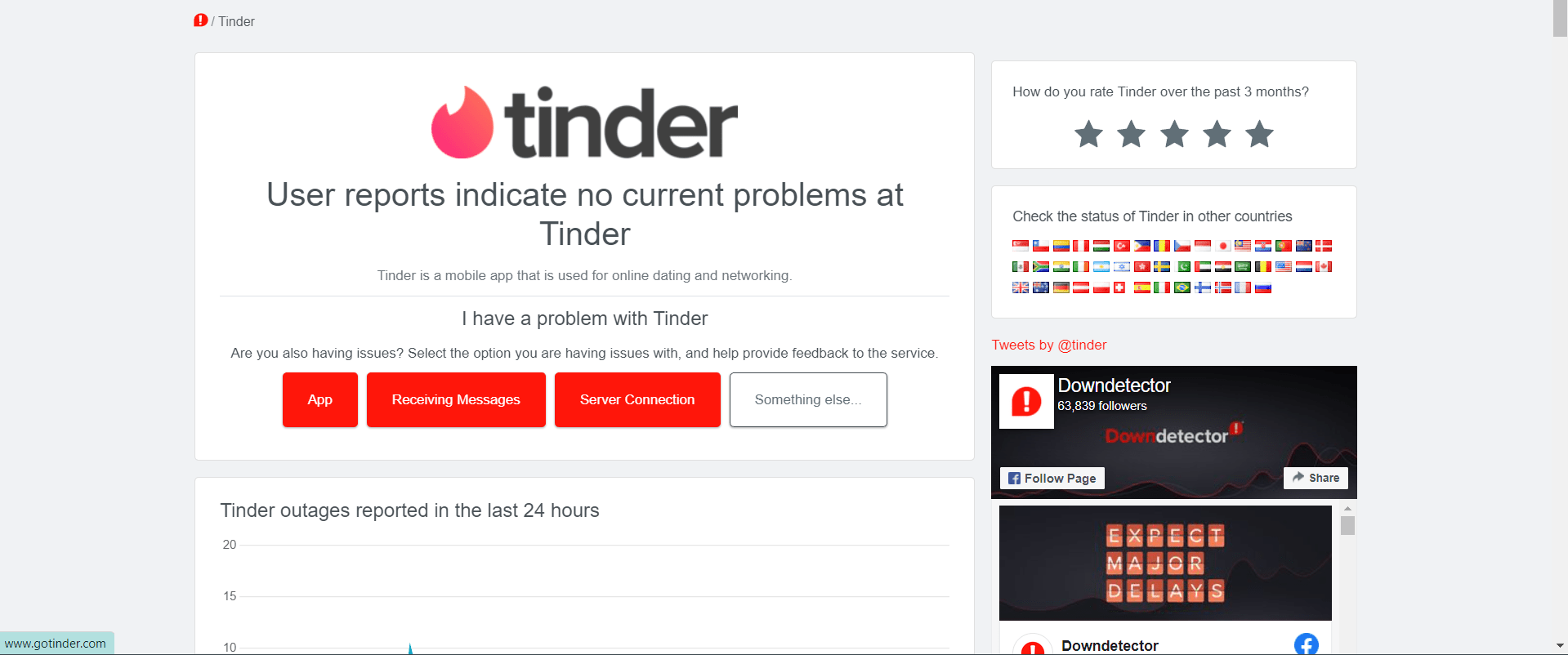 Check whether TInder's servers are working fine to fix Tinder app keeps crashing, freezing, closing, or stopping, "unfortunately tinder has stopped"