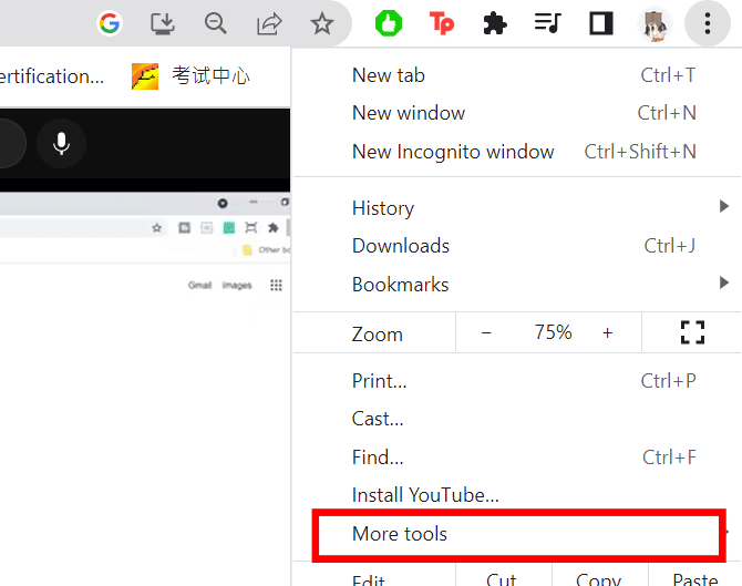 access Google Chrome web browser extensions through More Tools to fix YouTube "No Internet Connection", "Please Check Your Network Connection", "You're Offline" errors