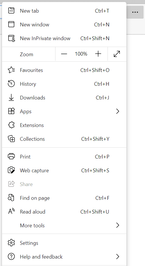 access web browser settings to update web browser on Microsoft Edge and Mozilla Firefox to fix Microsoft Outlook 'Something went wrong' error