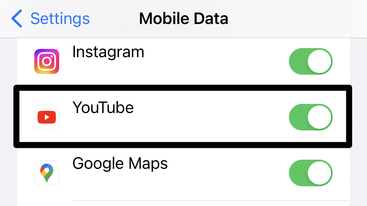 Ensure that mobile data usage is turned on for YouTube app on iOS/iPhone to fix YouTube "No Internet Connection", "Please Check Your Network Connection", "You're Offline" errors