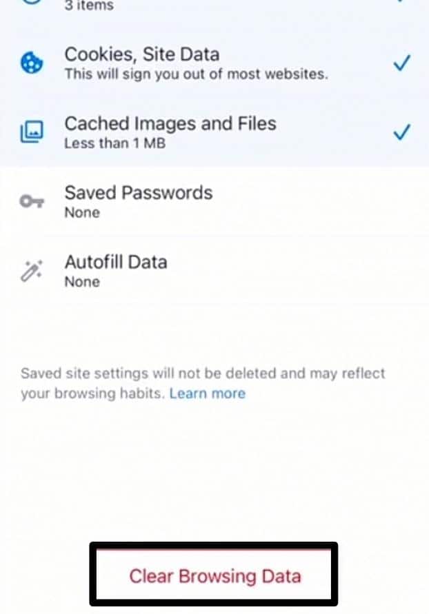 Clear the web browser cache on Google Chrome on iOS to fix LinkedIn password reset not working or verification, security code not sending or receiving