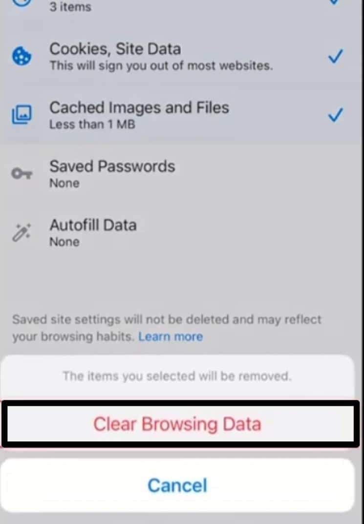 Clear the web browser cache on Google Chrome on iOS to fix LinkedIn password reset not working or verification, security code not sending or receiving