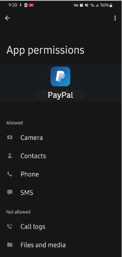 Provide permission to the PayPal app to fix Paypal not receiving or sending SMS verification code